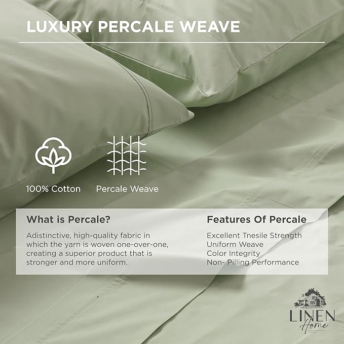 Linen Home 100% Cotton Percale Pillowcases Queen Size, Sage, 2 Pieces of Pillow Case, Crisp and Cool Strong Bed Linen, 20 inches X 30 inches
