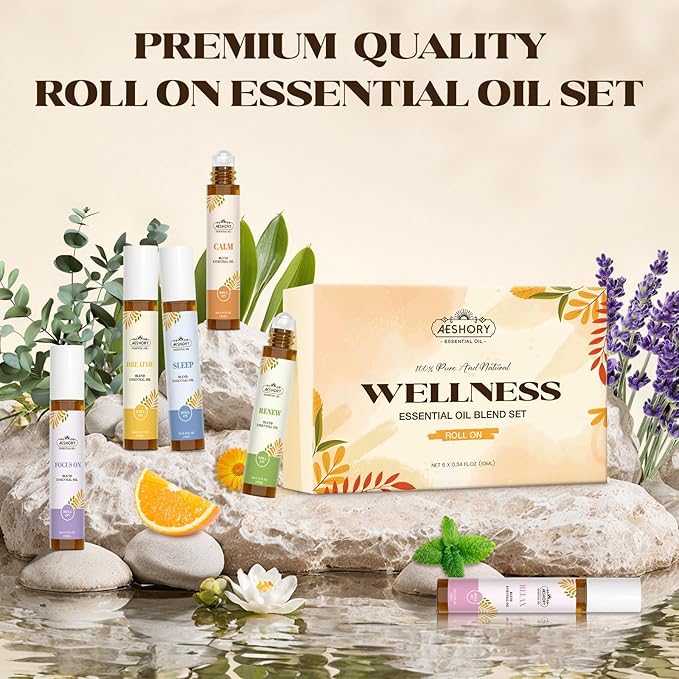 Essential Oils Roll On Set,Gifts for Mom & Wife (Calm, Relax, Breathe, Focus on, Sleep, Renew), Natural Aromatherapy Oil Blend Kit with Roller Ball for Massage, Body Skin Care, Relaxation Gift
