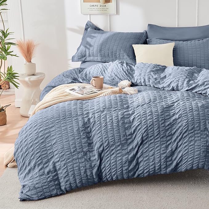HYMOKEGE Nordic Blue Full Size Comforter Sets Seersucker 7 Pieces, All Season Luxury Bed in a Bag for Bedroom, Bedding Set with Comforter, Sheets, Pillowcases & Shams