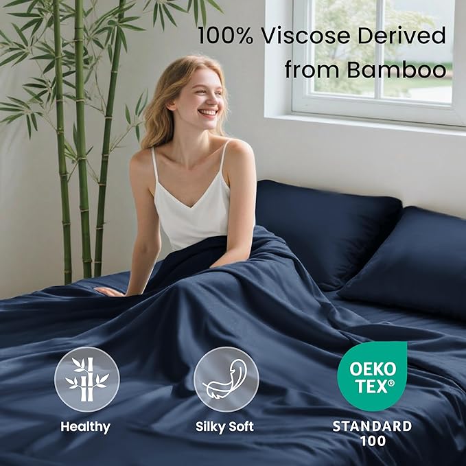 Love's cabin 4 Piece Full Size Sheet Set, 100% Rayon Derived from Bamboo, Cooling & Breathable, Soft Silky Deep Pocket up to 16", Hotel Luxury Bedding for Hot Sleepers, Navy
