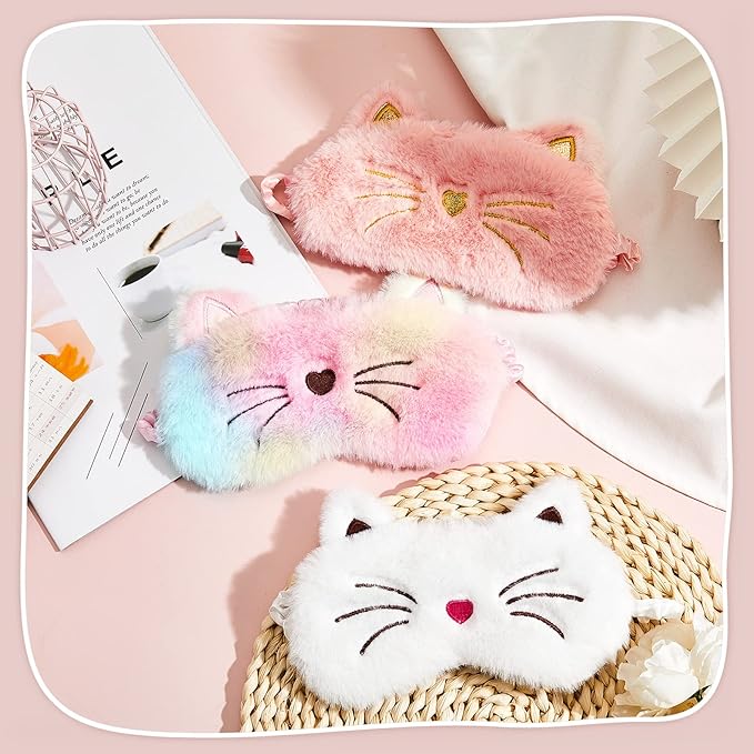 Geyoga 3 Pcs Sleep Mask for Kids, Girls Plush Sleeping Eye Cover Soft Eye Blindfold Cover Animal Shade for Kids(White, Pink and Rainbow Color,Cat Style)
