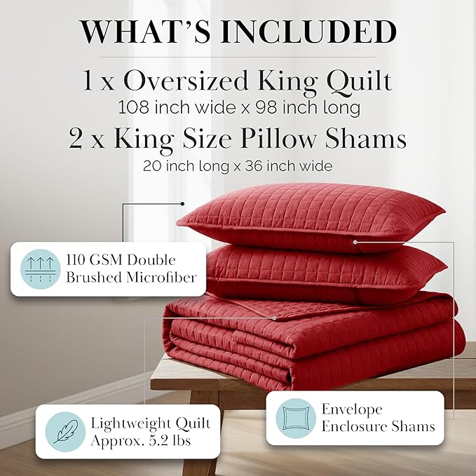 Southshore Fine Living, Inc. Red Quilt King Size Set with 2 Pillow Shams, Soft Microfiber Bedspread, Stain & Pet Hair Resistant Bedding, Cal/King Quilt Set with 2 Pillow Shams, Chili Pepper Red