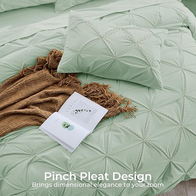 Sasttie Full Size Comforter Set, 7-Piece Bed in a Bag, Pintuck Bedding Set for All Season, Includes Comforter, Flat Sheet, Fitted Sheet, Pillowcases and Pillowshams, Light Sage Green