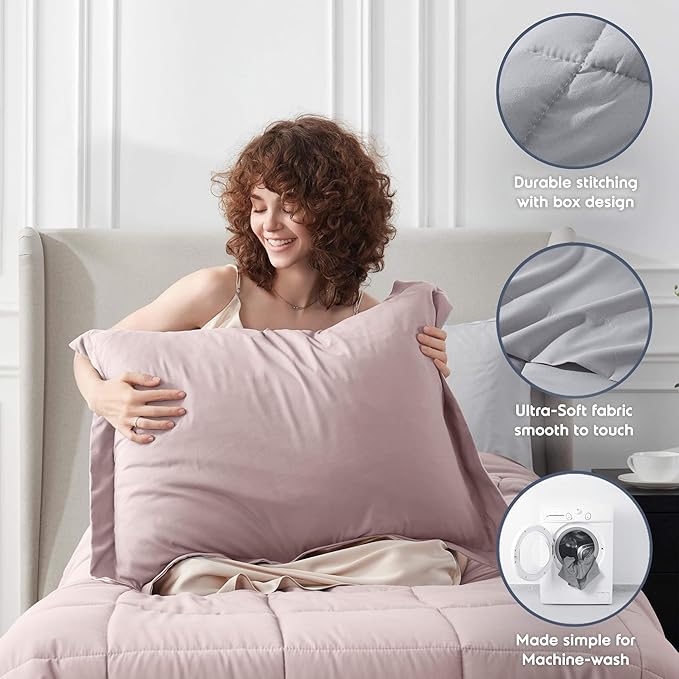 Nestl 7 Piece Twin XL Comforter Set – Blush Pink Reversible Bed in a Bag – Complete Twin XL Size Bedding Set with Sheets, Set of 2 Down Alternative Pillows, Pillowcase and Sham