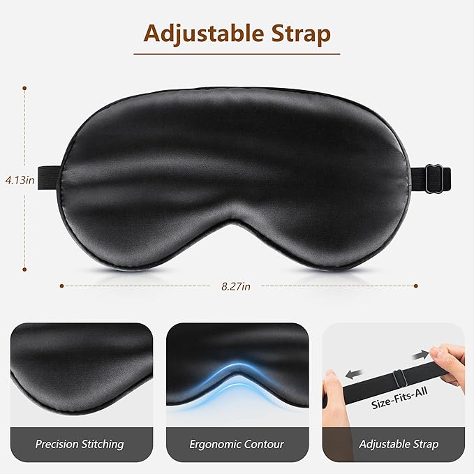 Sleep Mask Silk Eye Mask for Men Sleeping Mask, Adjustable Elastic Strap for Night Shading Sleep Mask, Soft and Comfortable for Both Men and Women (Black, 2 Packs)
