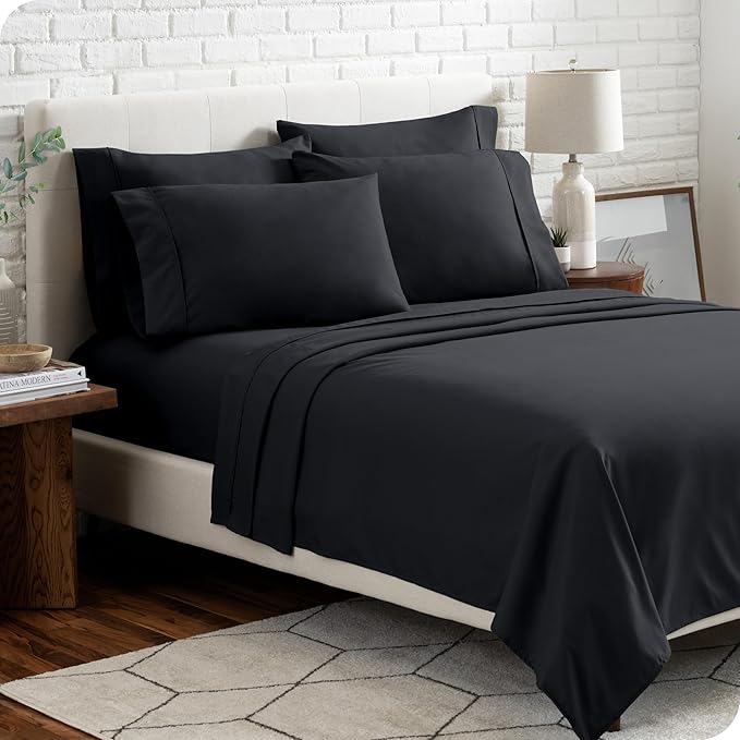 Bare Home Hotel Luxury Split Head Flex King Sheet Set, Extra Soft, Deep Pockets, Easy Fit, Cooling & Breathable, Wrinkle, Fade, Stain Resistant, with 4 Pillowcases (Split Head Flex King, Black)