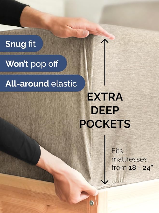 Extra Deep Full Sheet Set - 4 Piece Breathable & Cooling Bed Sheets - Easily Fits 18 - 24 inch Mattress - Ultra Soft, Wrinkle & Fade Free w/ Extra Deep Pockets - Hotel Luxury Bedding - Heathered Beige