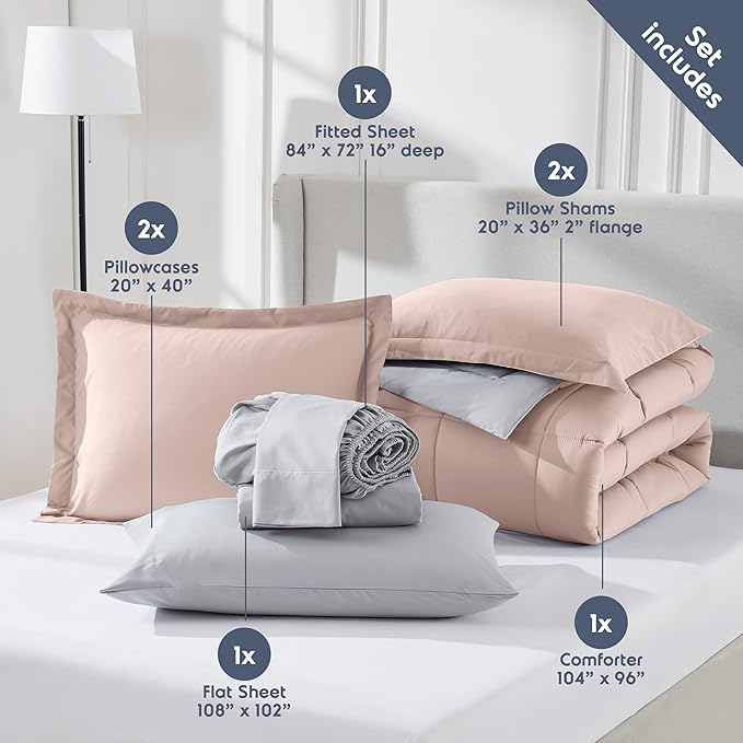 Nestl 9 Piece California King Comforter Set – Blush Pink Reversible Bed in a Bag – Complete Cal King Size Bedding Set with Sheets, Set of 2 Down Alternative Pillows, Pillowcases and Shams