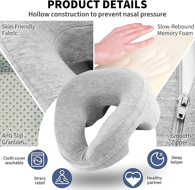 VVB Face Down Pillow for Massage Table, Massage Headrest for Bed, Stomach Pillows with Face Cradle Pad, BBL Pillows After Surgery Post Eye Surgery Recovery, Massage Pillow with Removable Cover Grey