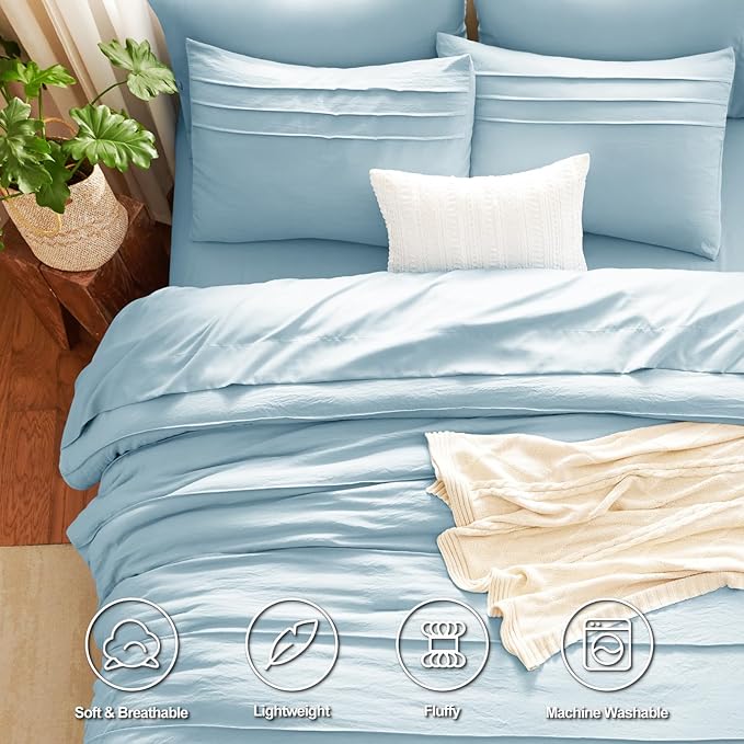CozyLux King Size Comforter Set Light Blue, 7 Pieces Soft Pinch Pleat Bed in a Bag King Comforter Set with Sheets, Boho Bed Set with Down Alternative Comforter, Sheets, Pillowcases & Shams