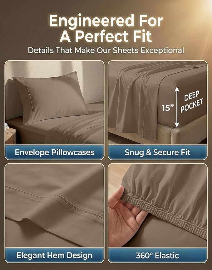 LANE LINEN 100% Cotton Sheets Set - 600 Thread Count Premium Sateen Weave for Extra Gentle Feel On Skin - Cooling Sheets for a Deep Sleep - 15'' Deep Pocket for Snug Fit to Your Mattress - Taupe