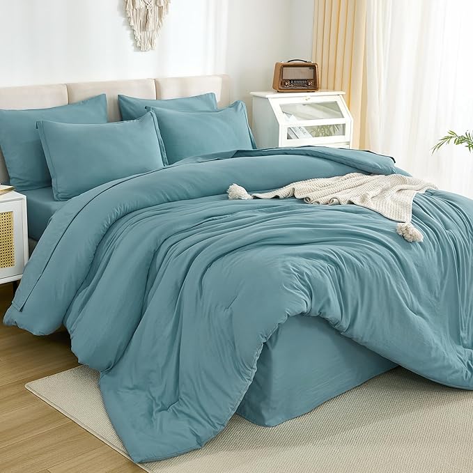 Litanika Queen Comforter Set Grayish Teal - 7 Pieces Bed in a Bag Queen Bedding Comforter Sets, Solid Lightweight Bed Set with Comforter, Sheets, Pillowcases & Shams