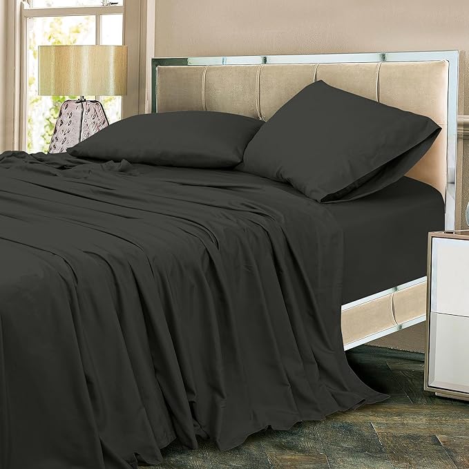 ROYALE LINENS 300 Thread Count 100% Long Staple Combed Cotton Sheet Set - 4 Piece King Bed Sheet 1 Fitted Sheet, 1 Flat Sheet, 2 Pillow Cases - Breathable, Cool & Crisp Percale Sheet Set (King, Black)