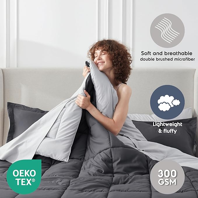 Nestl 9 Piece Queen Comforter Set – Dark Grey Reversible Bed in a Bag – Complete Queen Size Bedding Set with Sheets, Set of 2 Down Alternative Pillows, Pillowcases and Shams