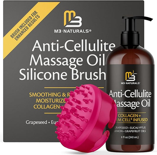 Anti Cellulite Massage Oil and Silicone Body Brush – Collagen and Stem Cell Skin Tightening Formula for Smoothing and Firming, 8 fl oz by M3