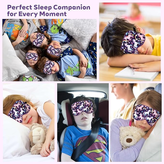 Kids Silk Sleep Mask: 100% Mulberry Silk Eye Mask with Adjustable Strap, Soft Blackout Boys Girls Sleeping Mask, Cute Printed Blindfold for Travel/School/Bed, Gift for Ages 5–15 (Purple Horse Style)