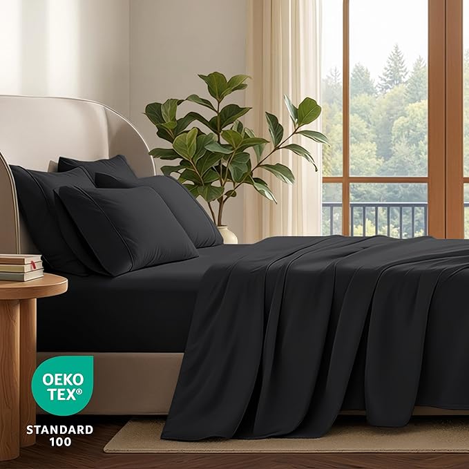 Bare Home Hotel Luxury Twin XL Sheet Set, Extra Soft - 4 Piece Set - Deep Pockets - Easy Fit - Cooling & Breathable - Wrinkle, Fade, Stain Resistant - Includes 2 Pillowcases (Twin XL, Black)