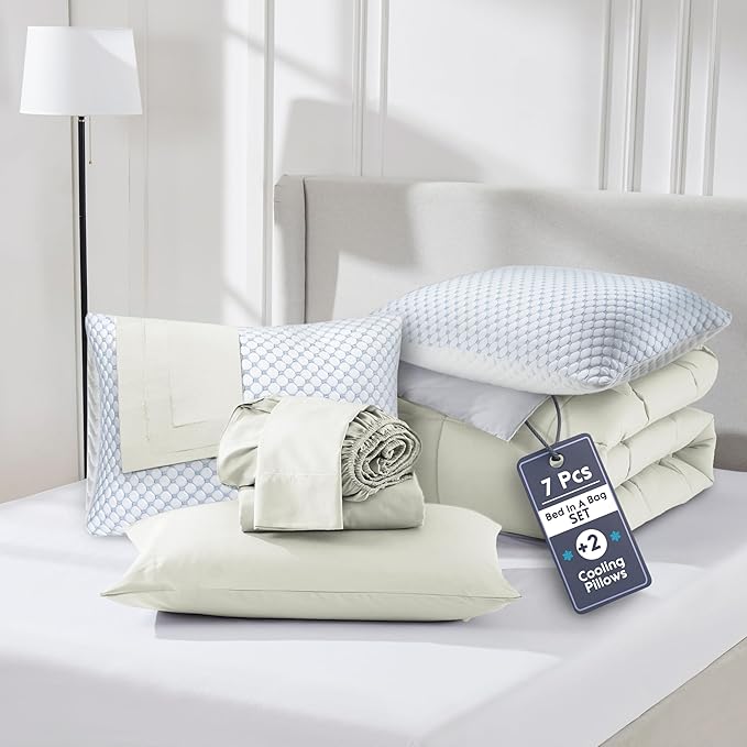Nestl 9 Piece King Comforter Set – Off White Reversible Bed in a Bag – Complete King Size Bedding Set with Sheets, Set of 2 Cooling Pillows, Pillowcases and Shams