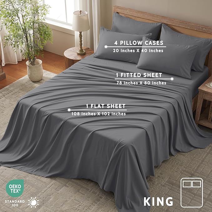 King Size Sheets Set - 6 Piece Luxuriously Soft & Cooling Sheets King Size - Ultra Soft 16" Deep Pocket King Sheet Set - Fitted Sheet & Pillowcase Sets (King Dark Grey)