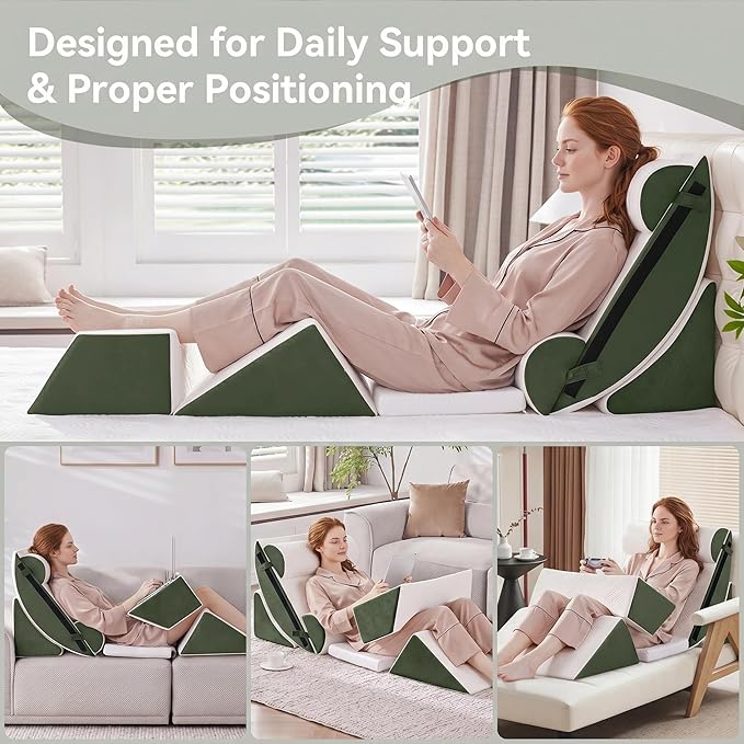 7PCS Wedge Pillow Set for After Surgery,Bed Orthopedic Pillow for Sleeping, Memory Foam Back Pillow for Pain Relief and Acid Reflux, Adjustable Sitting Up for Bed Post Surgery Pillow Green