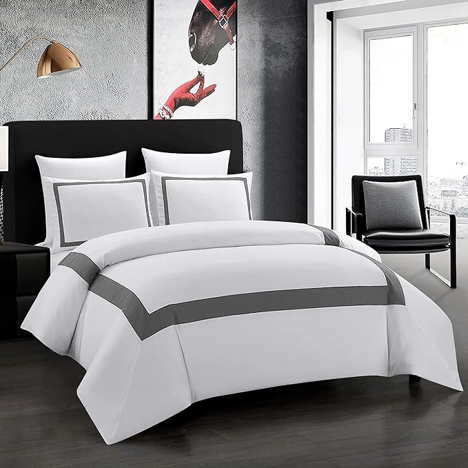 OSVINO Twin Duvet Cover Set - Hotel Style Grey Line Pattern Microfiber Bedding, 2 Pieces with Pillowcase, Soft Breathable with Zipper Closure, Cooling Feel, Wrinkle Resistant, Comforter Not Included