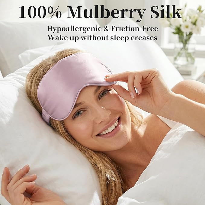 ZLYC 100% Mulberry Silk Sleep Mask Pressure-Free Eye Cover Soft Light Blocking Blindfold for Travel & Nap, Solid Pale Dusty Pink