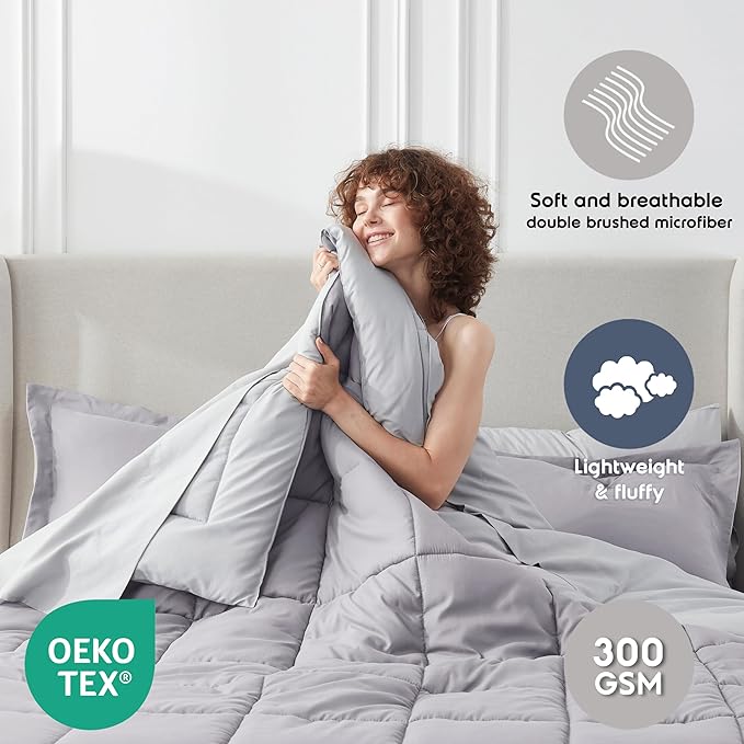 Nestl 9 Piece King Comforter Set – Grey Lavender Reversible Bed in a Bag – Complete King Size Bedding Set with Sheets, Set of 2 Down Alternative Pillows, Pillowcases and Shams