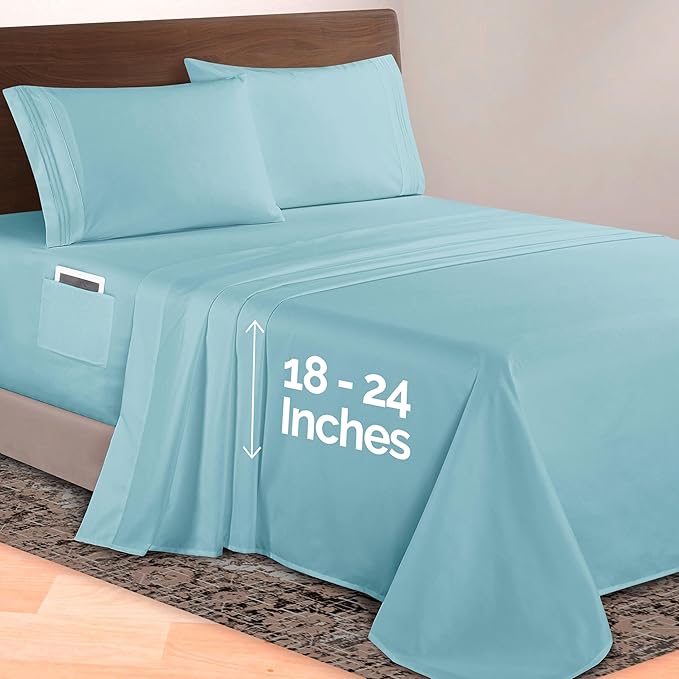 Elegant Comfort Luxurious 1500 Premium Hotel Quality Microfiber 4-Piece Sheet Set, 18-24 Inches Deep - Extra Deep Pocket Sheets - Ultra Soft 4PC Deep Pocket Sheets, California King, Aqua Blue