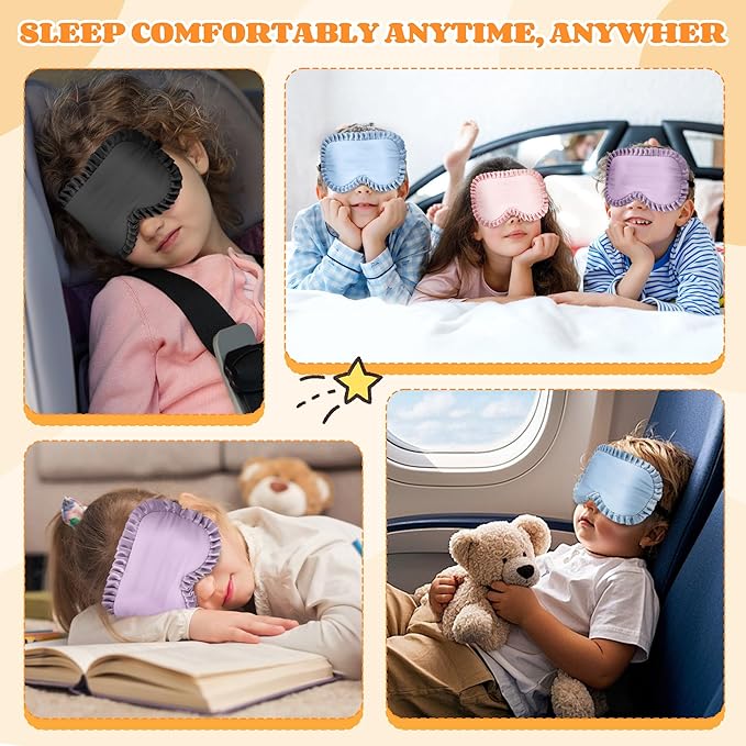 Kids Sleep Mask Eye Cover, 100% Real Mulberry Silk Sleep Mask with Adjustable Strap, Kids Blindfold for Sleeping, Boys Girls Eye Shade for Ages 5+, Soft and No Pressure (Black)