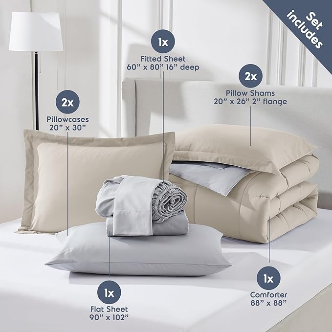 Nestl 9 Piece Queen Comforter Set – Beige Reversible Bed in a Bag – Complete Queen Size Bedding Set with Sheets, Set of 2 Cooling Pillows, Pillowcases and Shams