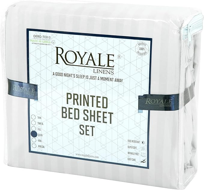 ROYALE LINENS 3 Piece Twin XL Sheets Set - Soft Brushed 1800 Microfiber - 1 Fitted, 1 Flat Sheet, 1 Pillow case - Wrinkle Free & Fade Resistant - Hotel Luxury Bed Sheets (Stripe White, Twin XL)