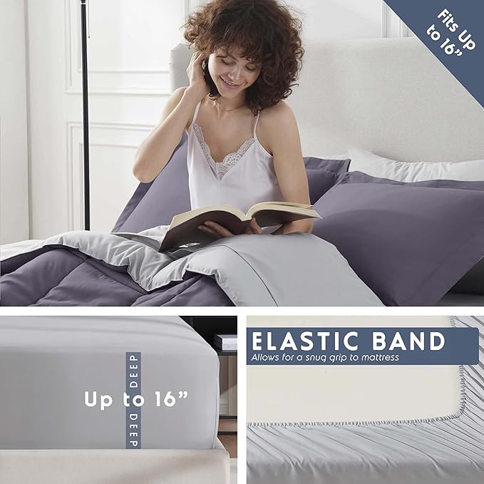 Nestl 9 Piece Queen Comforter Set – Grayish Purple Reversible Bed in a Bag – Complete Queen Size Bedding Set with Sheets, Set of 2 Down Alternative Pillows, Pillowcases and Shams