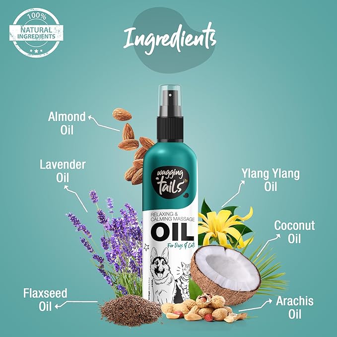 Wagging Tails Relaxing & Calming Massage Oil for Dogs and Cats | Pure Essential Oil Blend with Lavender & Almond Oil | Nourishing Skin & Shiny Coat, Promotes Relaxation for Pets 6.76 fl oz