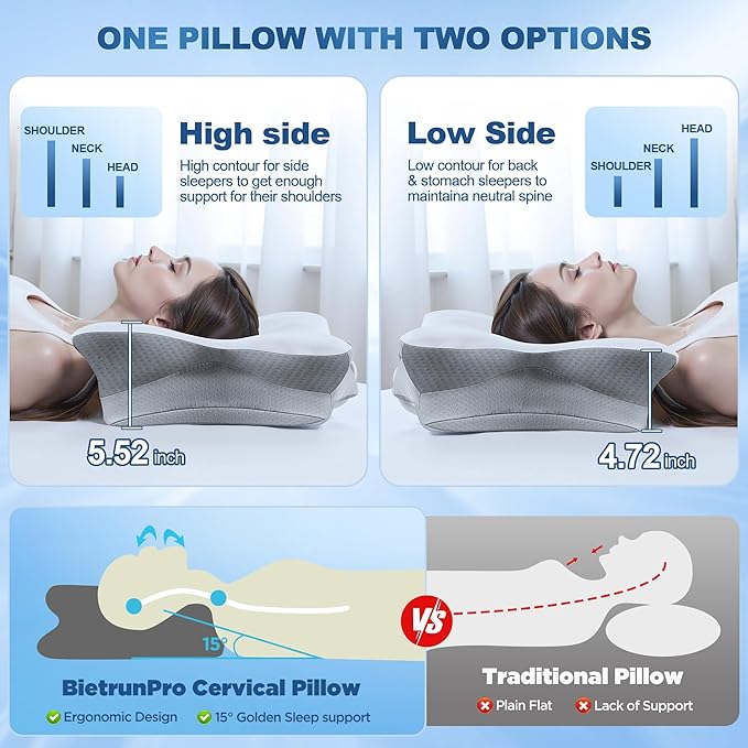 Cervical Neck Pillow for Sleeping, Ergonomic Contour Side Sleeper Pillows for Adults, Cooling Orthopedic Pillow for Pain Relief Support, Memory Foam Pillows Back Stomach Sleepers