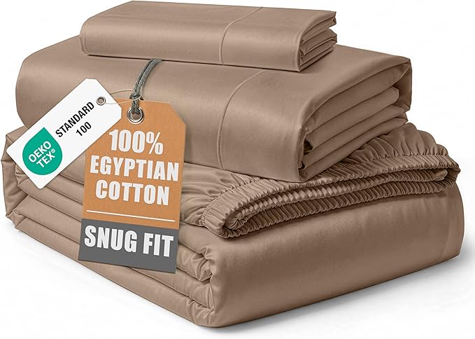 LANE LINEN 100% Egyptian Cotton Sheets Twin Size Bed Set – Machine Washable, Naturally Temperature Regulating, Sustainable, No Pill, Fade Resistant Twin Bedding Set – Taupe
