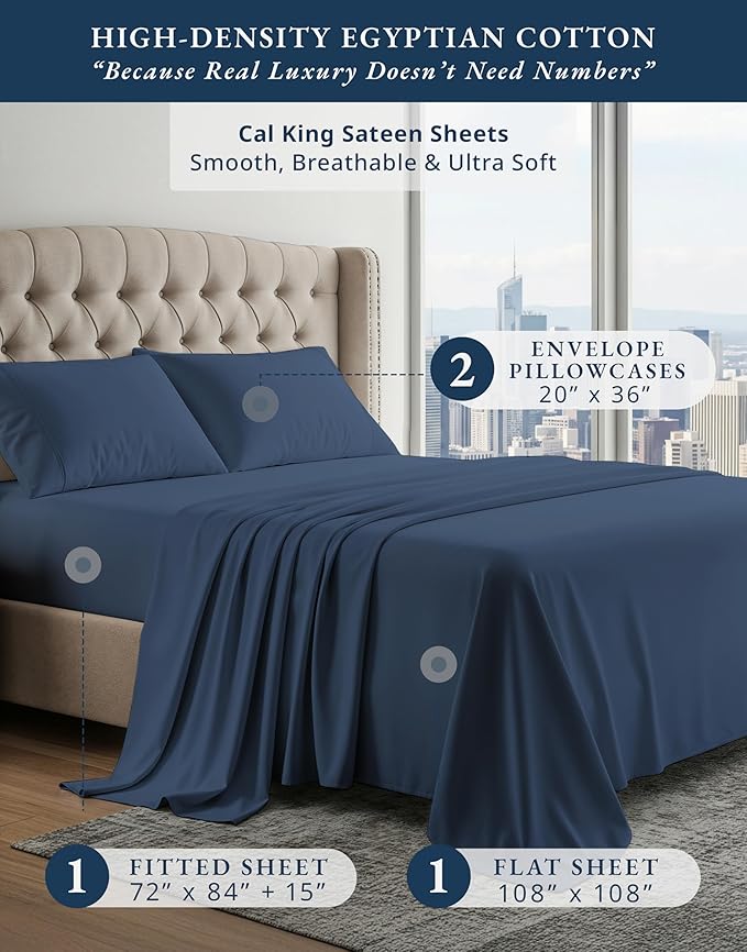 LANE LINEN 100% Egyptian Cotton California King Sheets Set, Soft & Comfy No Pill Fade Resistant Oeko-Tex Certified Cotton Sheets Cal King Size Set, 15" deep Pokcet Sheets - Dark Denim