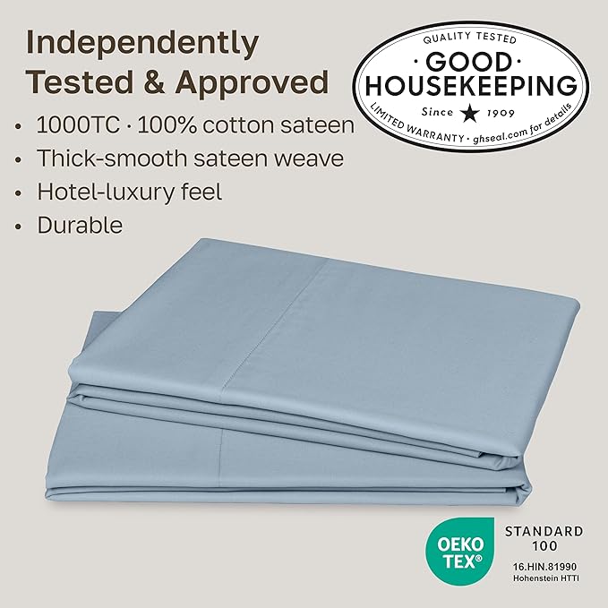 California Design Den Pillow Cases Standard Size Set of 2-1000 Thread Count Sateen, Soft and Thick 100% Cotton Standard/Queen Pillowcases, Durable - Blue