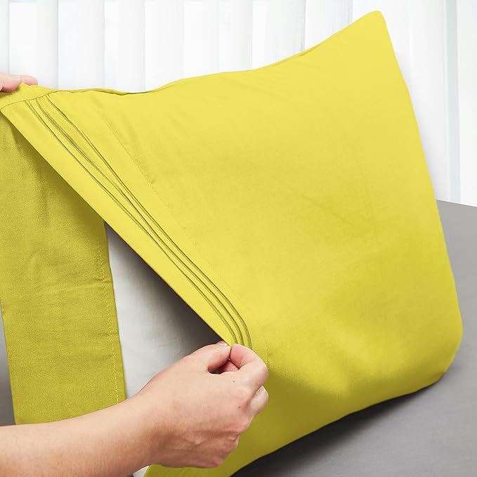 Mocassi 2-Piece Premium Standard/Queen Pillowcase Set 1800 Series Hotel Quality Microfiber - Soft and Breathable with 3-Line Embroidery Wrinkle and Stain Resistant, Easy Care, 20" x 30", Yellow