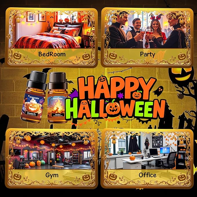 Halloween Fragrance Oils, Premium Essential Oils for Diffuser, Scented Oils for Candle & Soap Making - Pumpkin Pie, Fresh Cut Wood, Bonfire, Rainbow Candy, Pacific Pepermint, Buttered Bliss