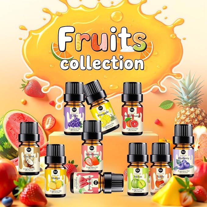 RAINBOW ABBY Fruity Fragrance Oil for Candle & Soap Making, 10 Fruit Scents in 5ML Bottles, Coconut, Strawberry, Watermelon, Mango, Pineapple, Summer Premium Aromatherapy Diffuser Oils Set