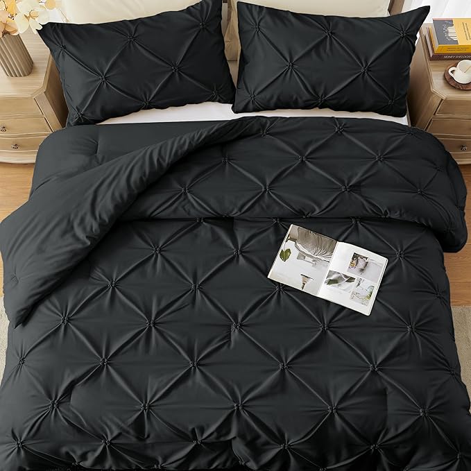 UNIKOME Queen Comforter Set Black - Ultra Soft Boho Pintuck Down Alternative Bedding Set for All Seasons, 3 Pieces Lightweight Warm Pinch Pleat Bed Set with Comforter, 2 Pillowcases