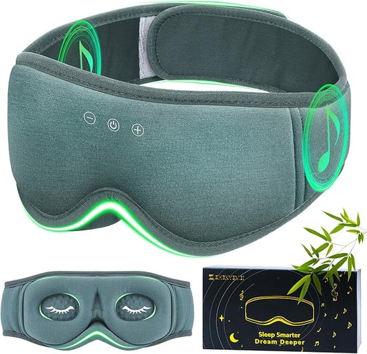 Bamboo Cotton Large Sleep Mask with Bluetooth Wireless Headphones - Blackout Eye Mask for Sleeping 3D Contoured Sleep Eye Cover Headband Ear Plugs Low Noise Hook for Men Women Better Experience (Grey)