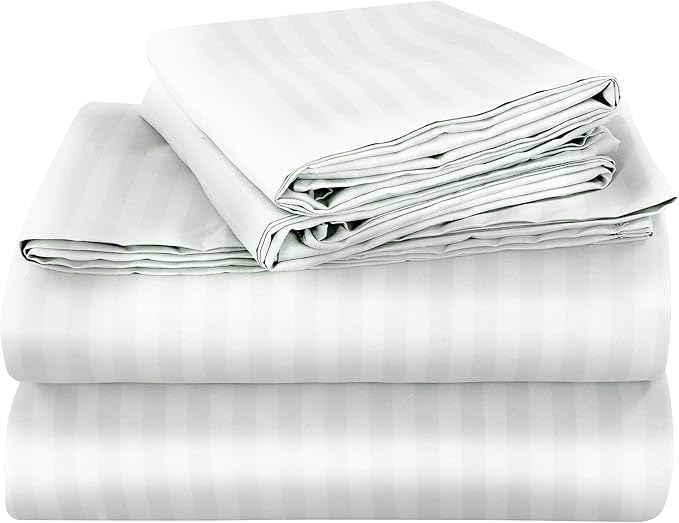 ROYALE LINENS 3 Piece Twin XL Sheets Set - Soft Brushed 1800 Microfiber - 1 Fitted, 1 Flat Sheet, 1 Pillow case - Wrinkle Free & Fade Resistant - Hotel Luxury Bed Sheets (Stripe White, Twin XL)