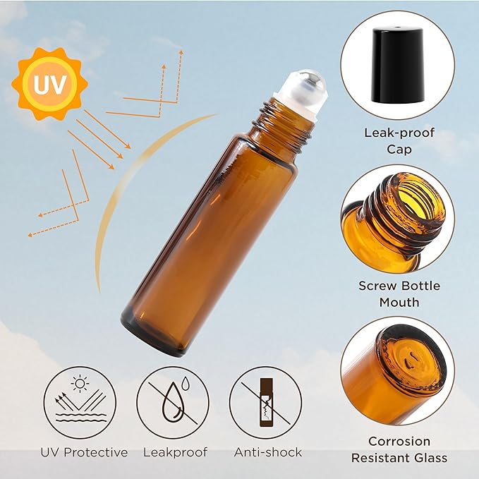 Essential Oil Roller Bottles, 10ml Thick Glass Perfume Roller Bottles with Funnel Opener and Dropper Colored Glass Empty Bottles with Stainless Steel Roller Balls (Brown - black cover, 12 Pack)