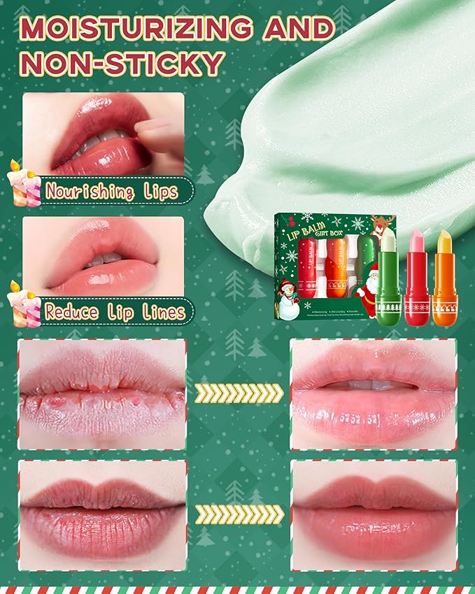 Lip Balm Kit-3Pcs Lip Care Moisturizer,Hydrating Lip Repair Sticks for Dry Cracked Lip,Vegan & Cruelty-Free Lip Gloss Lip Products, Christmas Stocking Stuffers Lip Treatment Gift Set for Women Men