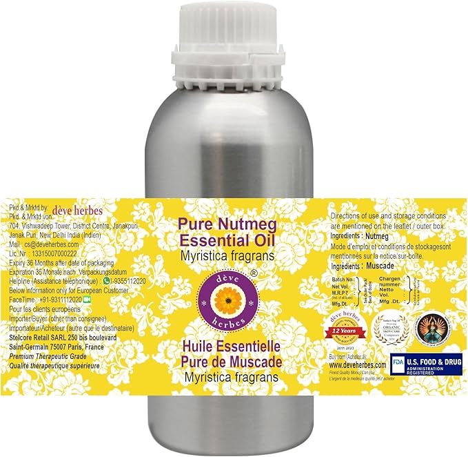 Deve Herbes Pure Nutmeg Essential Oil (Myristica fragrans) Steam Distilled 300ml (10 oz)