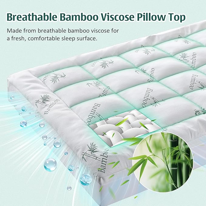 DOWNCOOL Memory Foam Mattress Topper Queen, Cooling Pillow Top Mattress Pad with Viscose Derived from Bamboo, Back Pain Relief, Deep Pocket Fits 8–21 Inch
