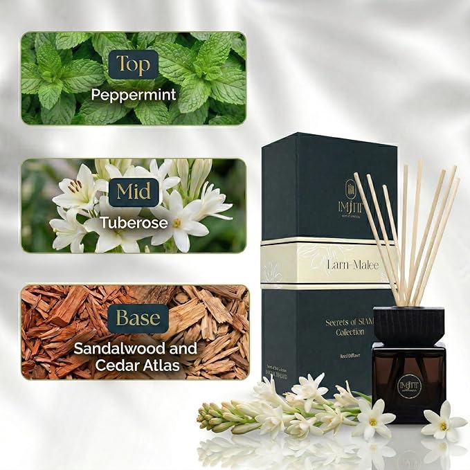 Larn-Malee Reed Diffuser Set by IMJITT, Secrets of SIAM Collection, Luxury Room Diffuser with Tuberose and Sandalwood, Authentic Thai Botanicals for Home Office Decor and Elegant Ambiance