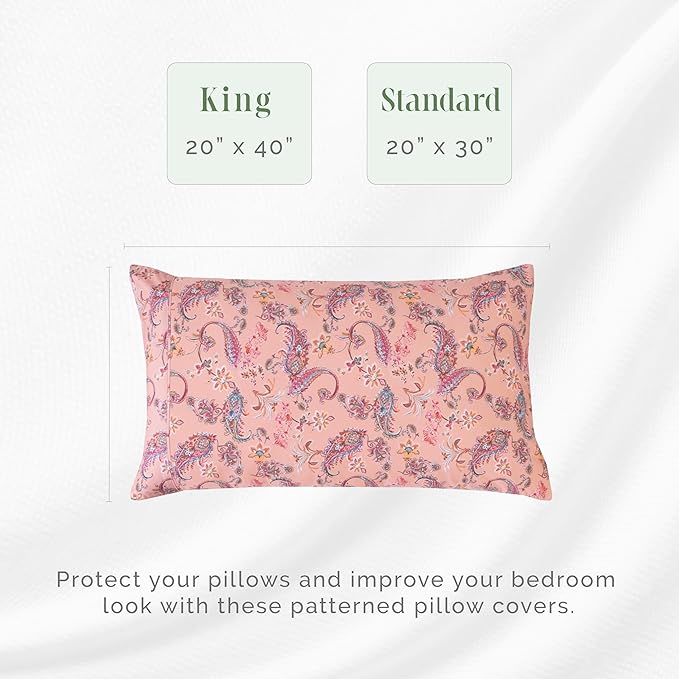 Elegant Comfort Ultra Soft Set of 2 Floral Print Pillowcases - 1500 Premium Hotel Quality Microfiber, Soft and Smooth Envelope Closure 2-Piece Pillow Covers - King, Paisley Coral