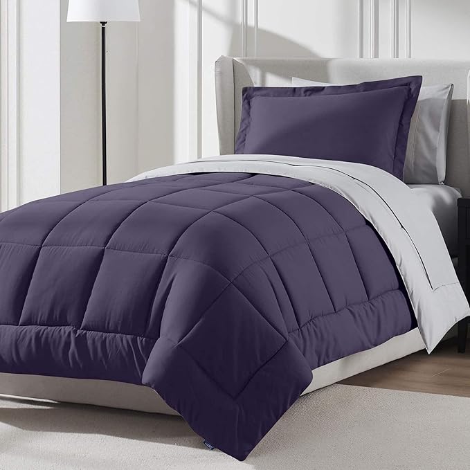 Nestl 7 Piece Twin Comforter Set – Purple Reversible Bed in a Bag – Complete Twin Size Bedding Set with Sheets, Set of 2 Cooling Pillows, Pillowcase and Sham